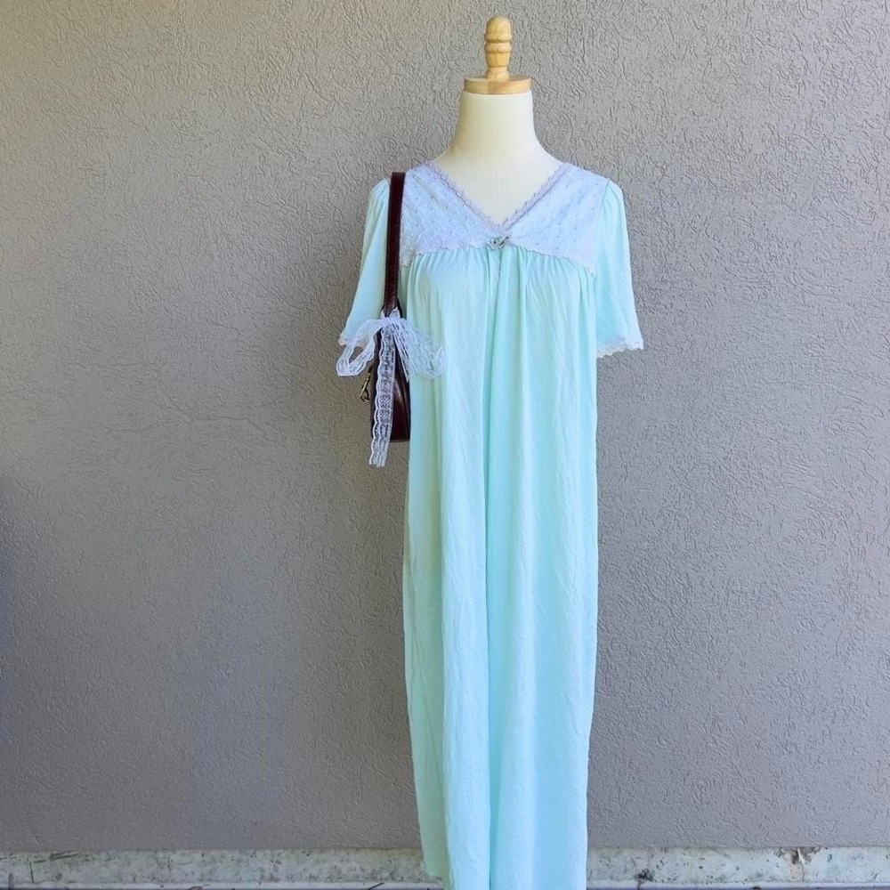 Vintage Turquoise Blue Lace Trim Nightgown Fits‎ Large Fairy Cottage Sleepwear